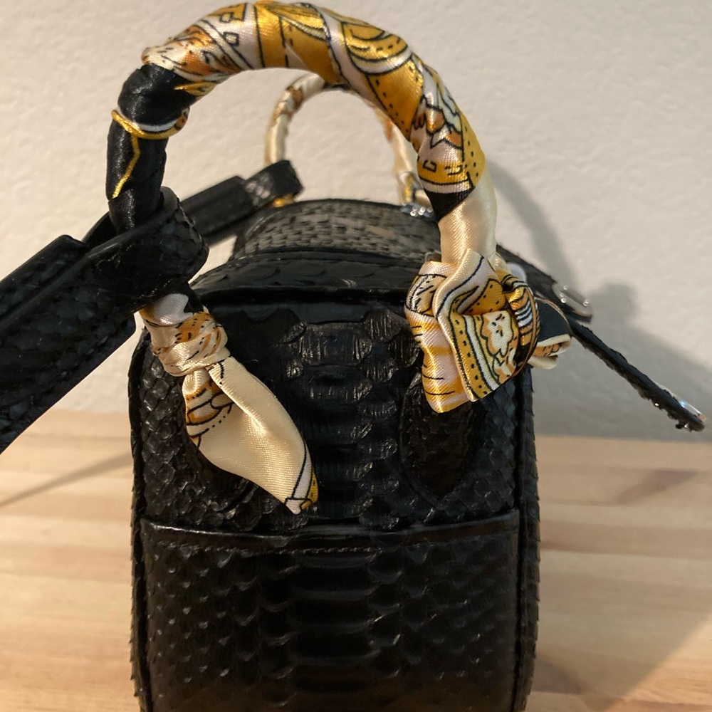 Black Python Textured Handbag With Scarf Accents … - image 4